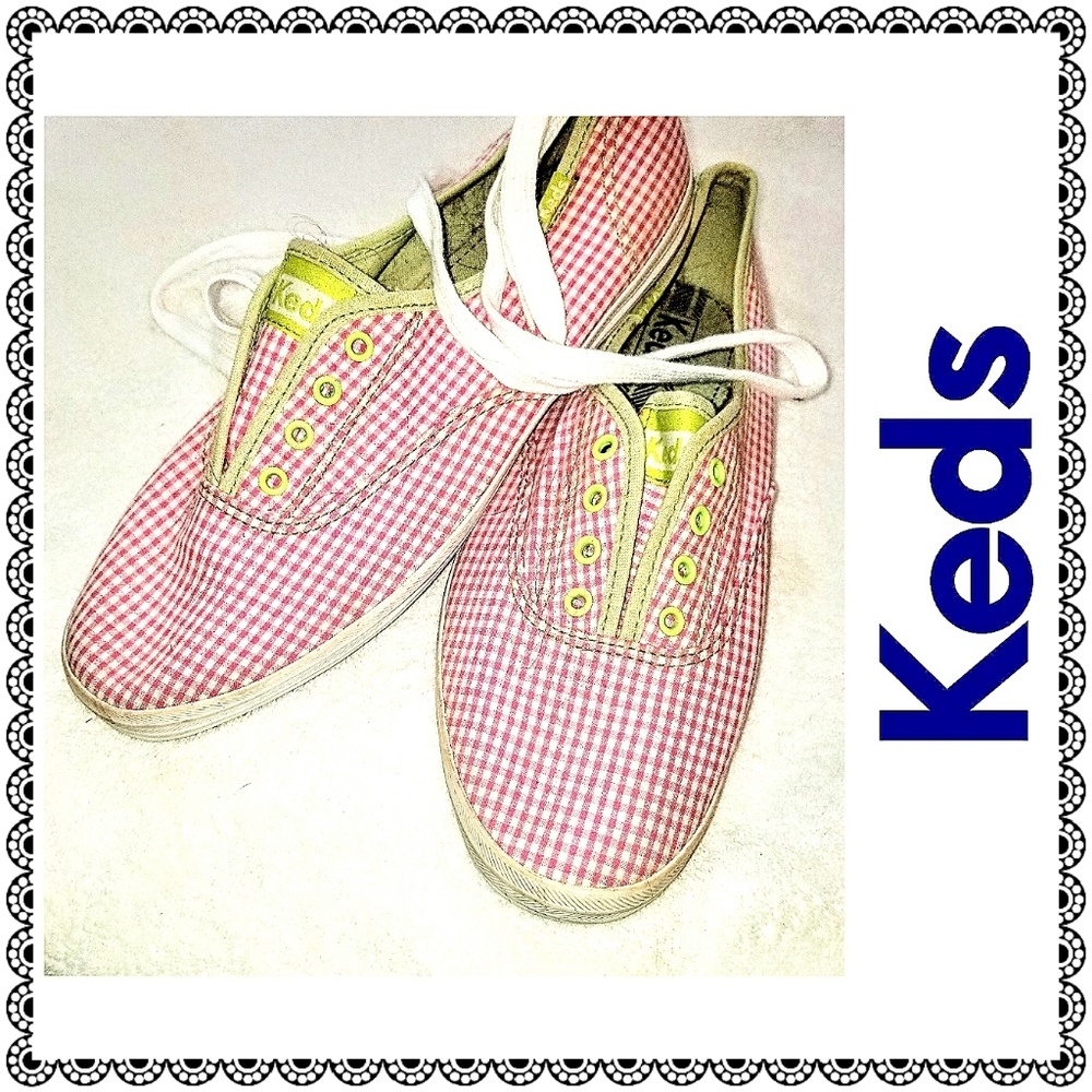 {Keds} pink check sneakers w/ green pops, sz 8.5